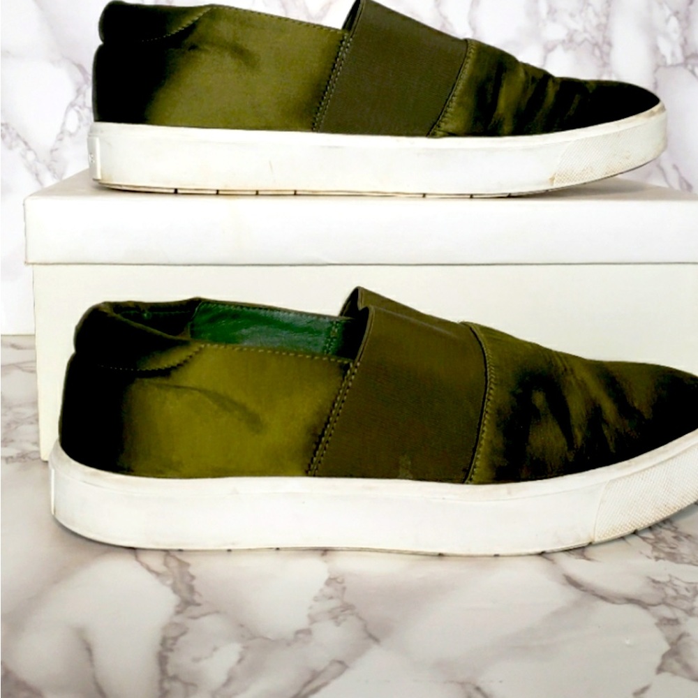 Vince Warren green satin slip on sneakers. sz 7.